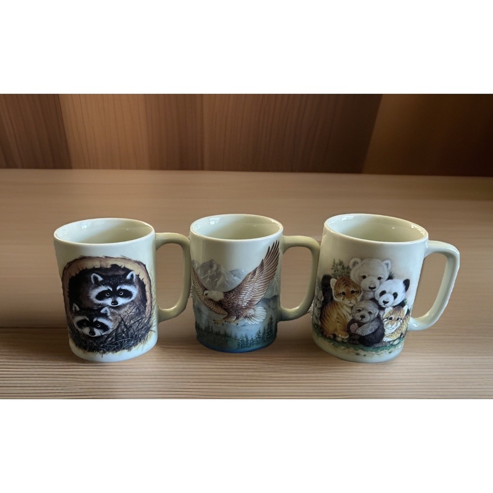 Otagiri Mugs Lot Of 3 Eagle Raccoon Natures‎ Endangered Wildlife Japan Vintage